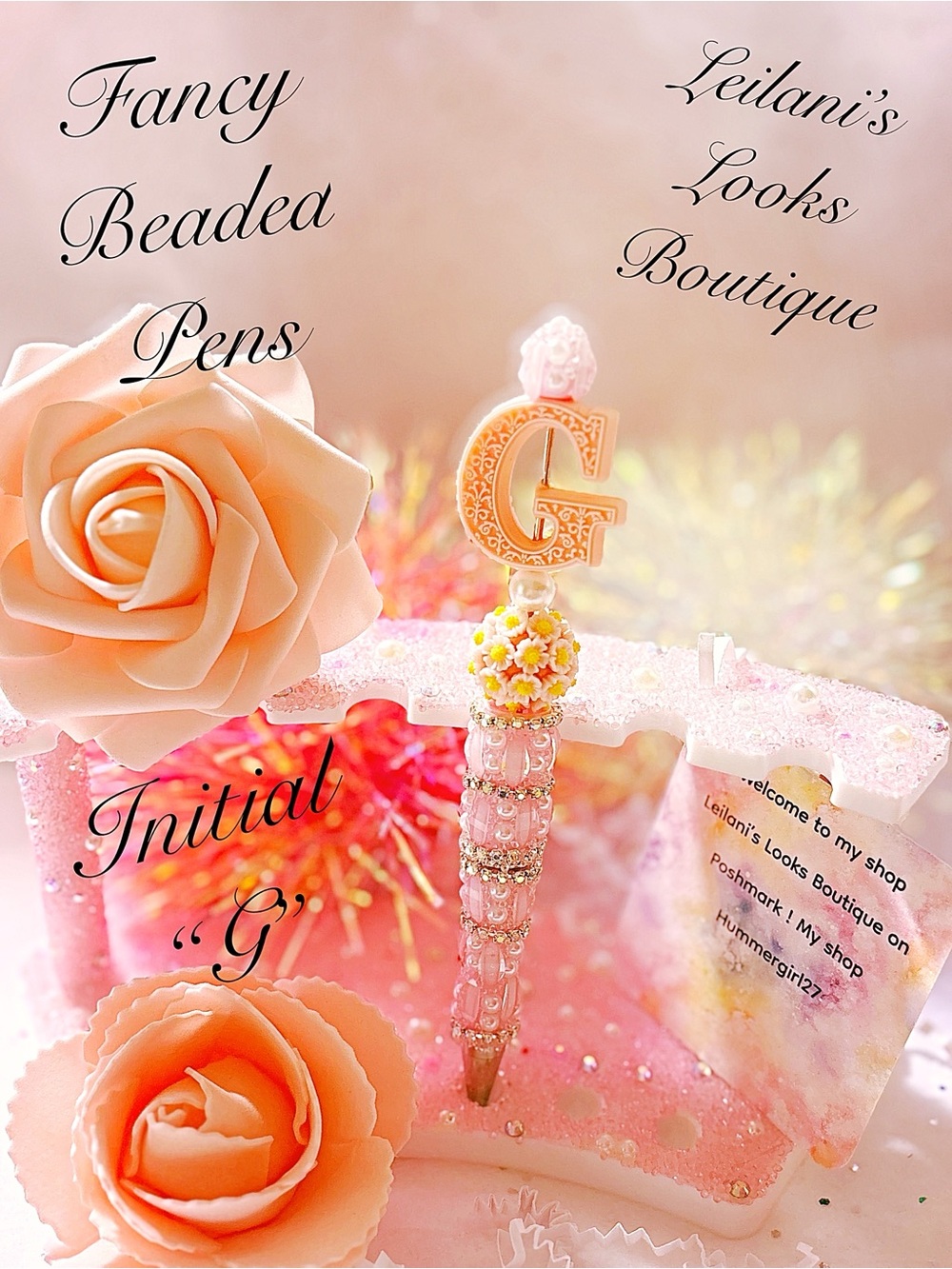 Initial G beaded pen with gold letter G and beaded details #initial #beaded